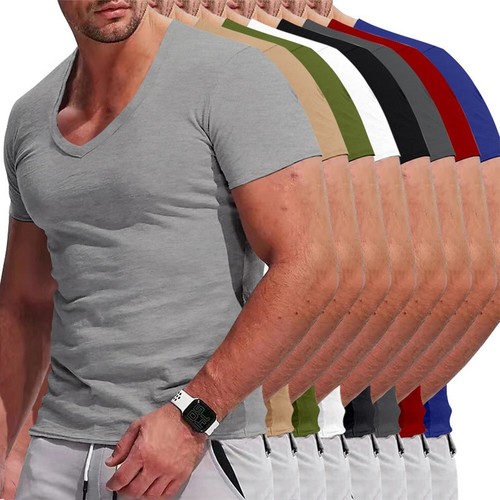 Mens Short Sleeve T-shirt V Neck Sports Gym Muscle Fitness Bodybuilding 