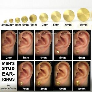 Mens gold stud earrings, brushed 24K gold plated over 925 silver, post ...