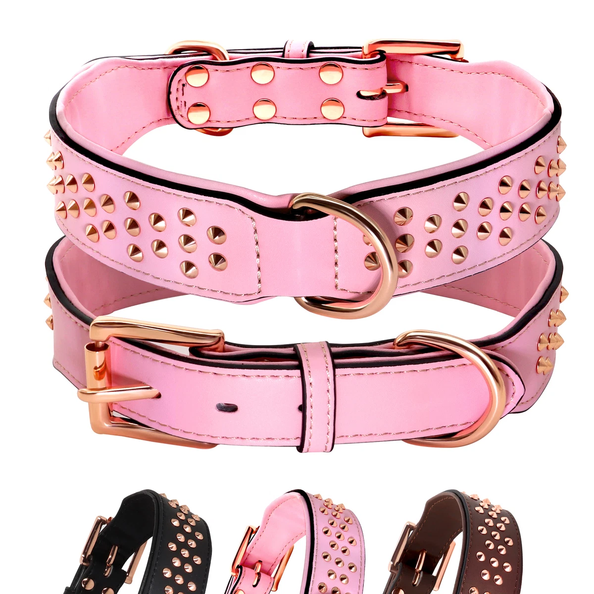 PU Leather Spiked Studded Rivet Dog Collar Adjustable Rose Gold Buckle Pit Bull