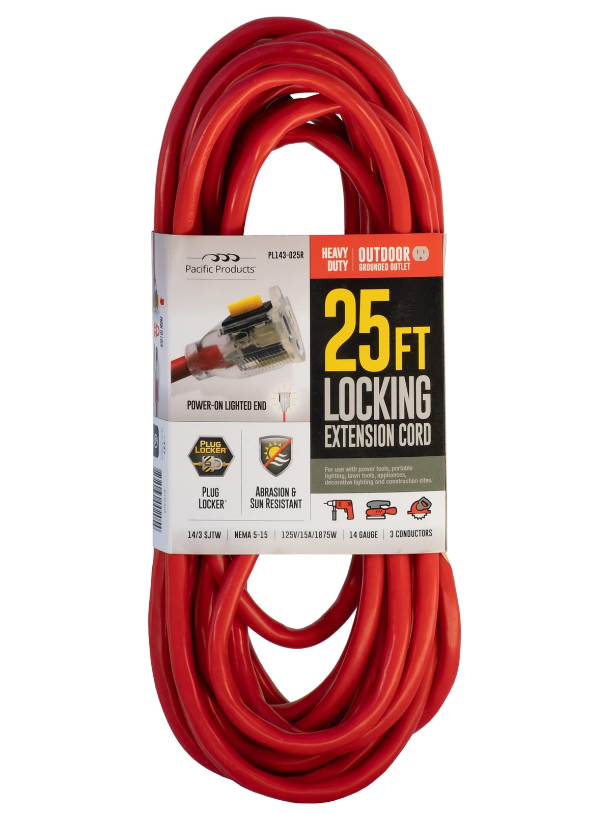 25 ft. 14/3 SJTW Heavy Duty Weather Resistant Locking Extension Cord with LED...