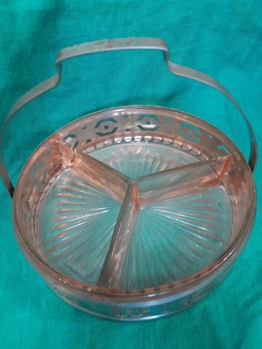 Pink Depression Glass Divided Relish Tray In Holder With Handle