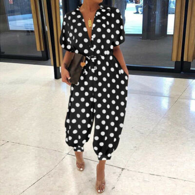 Womens Summer Pants Jumpsuits Dot Ladies Office Work Short Sleeve Playsuits Plus