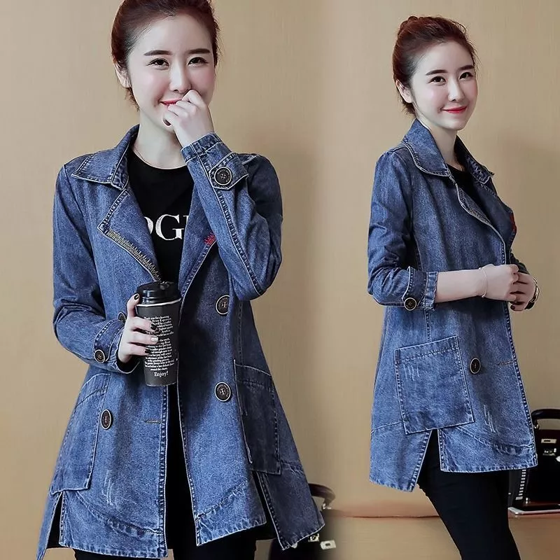 Ladies Denim Jacket Long Autumn New Women s Denim Trench Coat XS 2XL