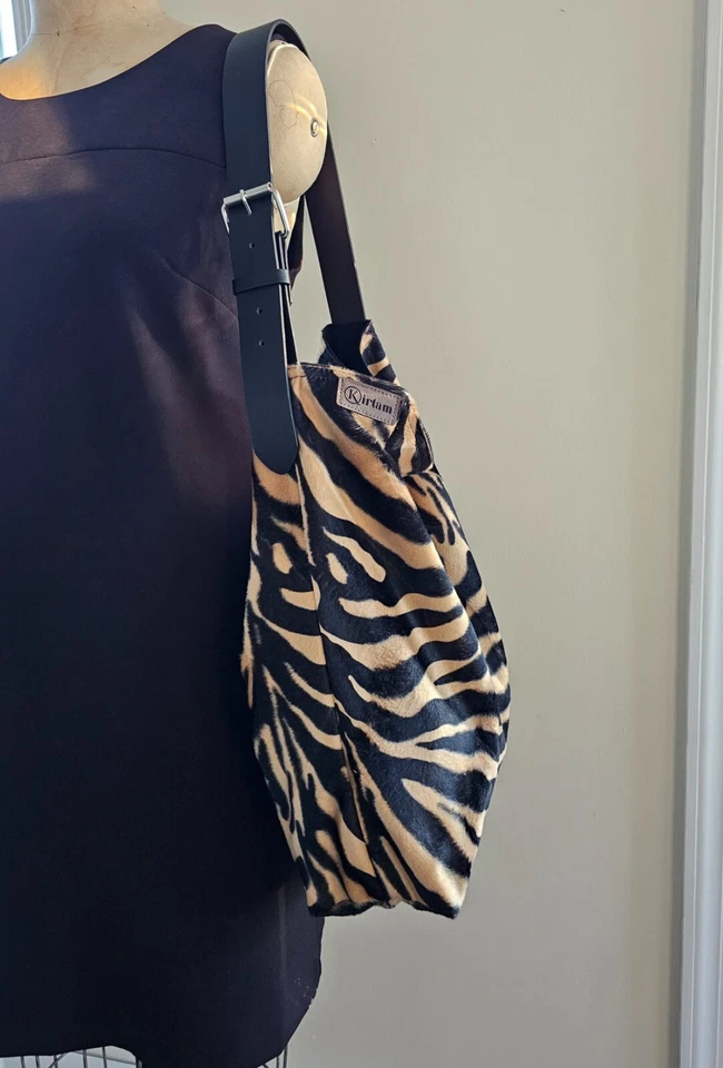 LARGE SIZE  FAUX FUR HOBO TOTE BAG, BUCKET TOTE, SHOULDER BAG  BLACK BEIGE ZEBRA