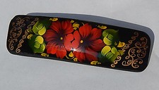 New Handpainted Rectangle Hair Barrettes Red Floral w/Black Lacquer on Wood