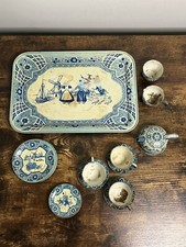Vintage Metal Wolverine Toy Tea Cup Set w/ Tray - Dutch Blue Delft 19 Pieces
