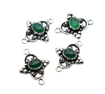 2 Pc 27X20mm Green Onyx Connector Pendent 2 Loop Bezel Antique Silver Plated