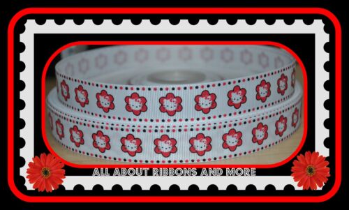 7/8"HELLO KITTY WHITE GROSGRAIN RIBBON WITH RED FLOWERS - 1 YD - Picture 1 of 2
