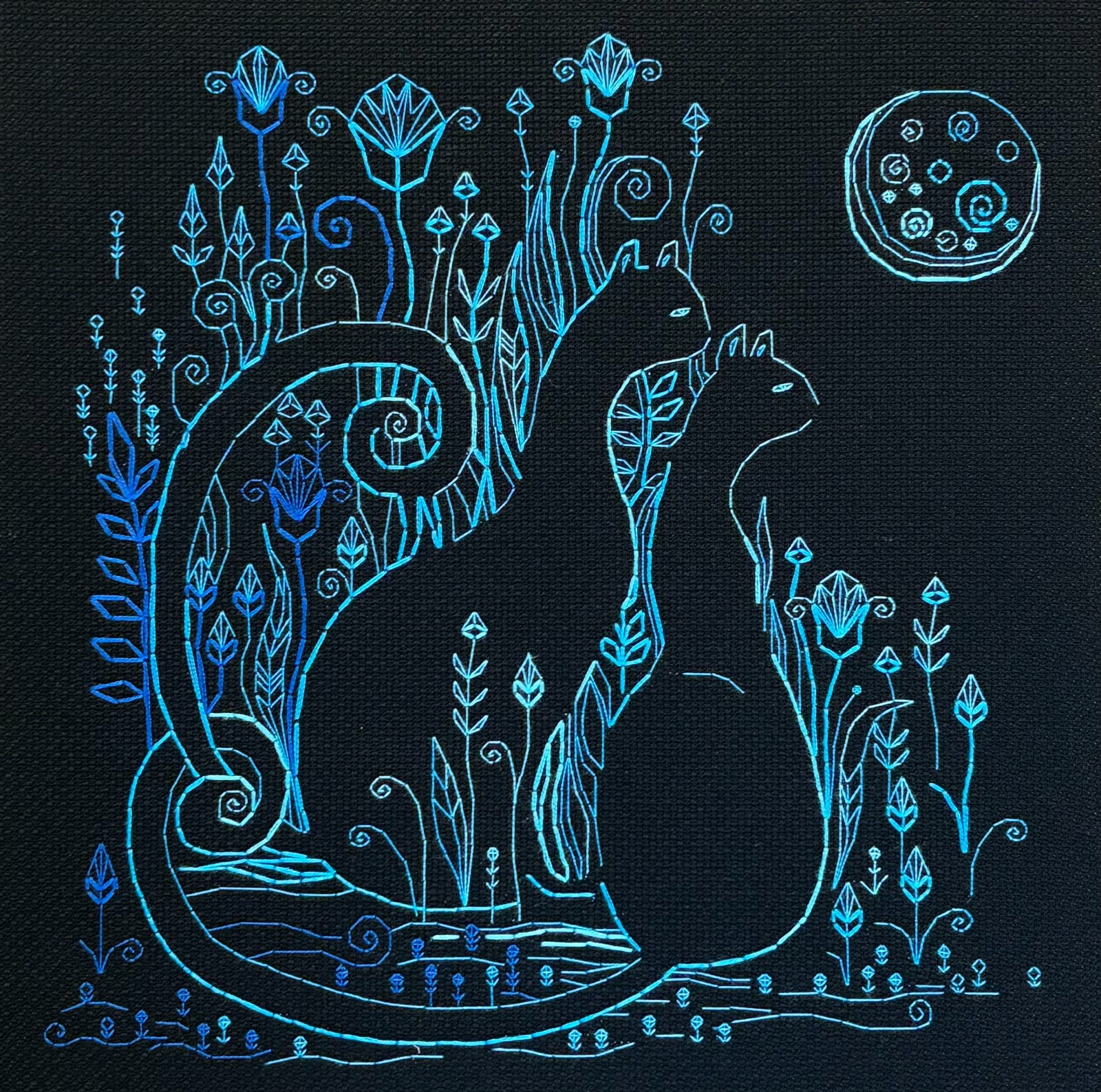 RIOLIS Counted Blackwork Kit 2173 Cats. Moonlight, Two Beautiful Cats