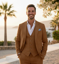 Men linen 3 piece suits, Brown Linen Suits, Light Weight Suits, Groom Wear Suits