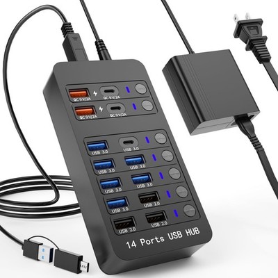 Zeroffi Powered USB Hub, 14 Ports 14 Black 