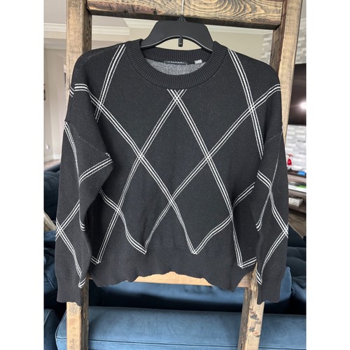 T Tahari Womens Black White Argyle Geometric Diamond Knit Crewneck Sweater M