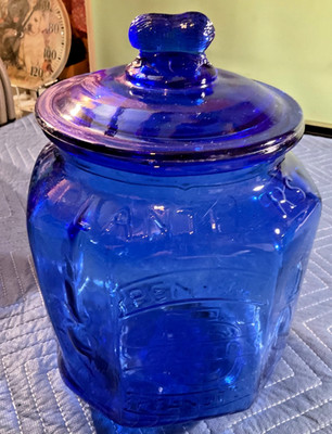 ANTIQUE PLANTERS PEANUT COBALT BLUE JAR WITH LID