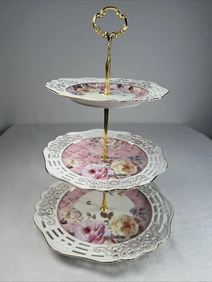 Maison Blanc Tea Time 3-Tier Rosette Floral Server Porcelain Tray Gold Tone EUC - Image 4 of 4