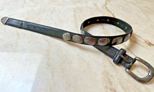 Women's Vintage Black Leather Belt Silver Plate Concho Embellishment Size 29-31"