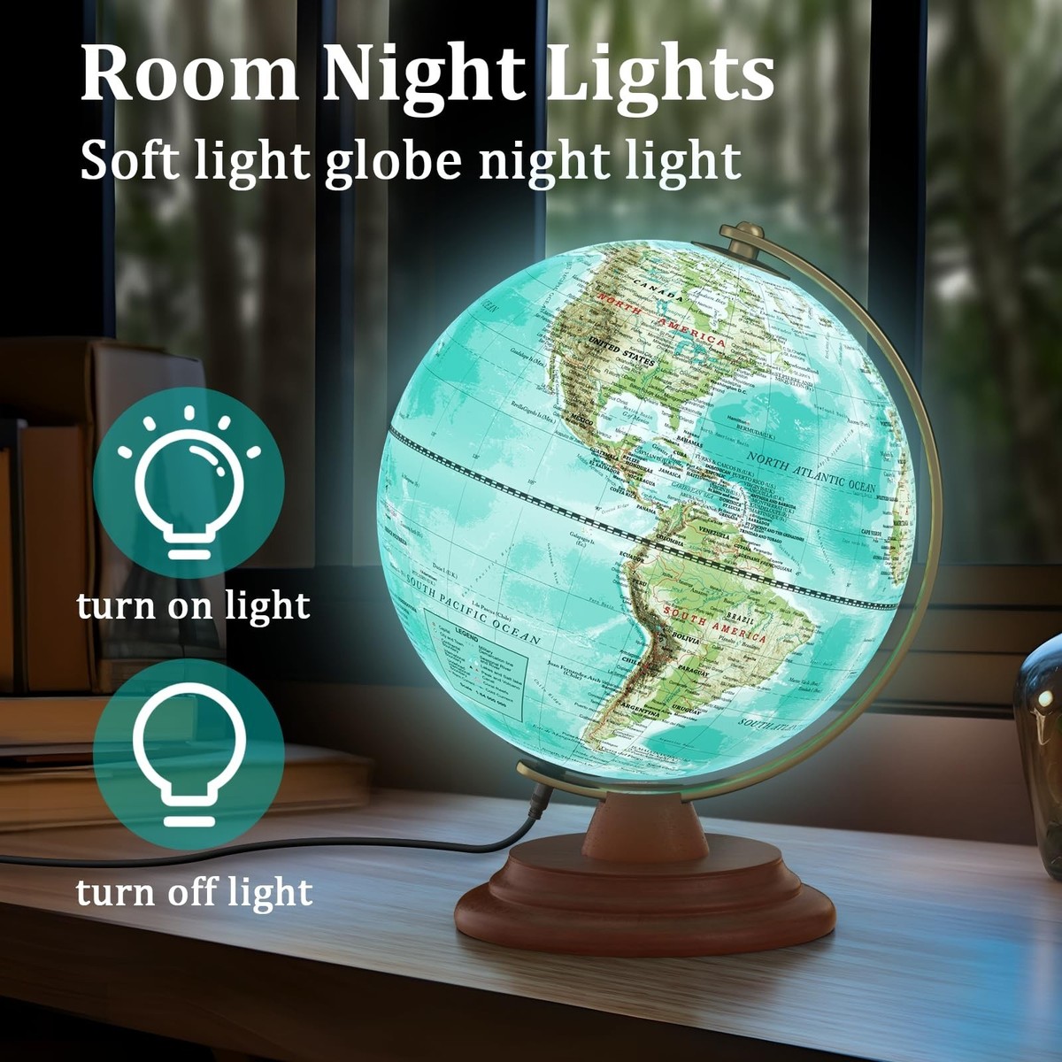Illuminated Globe of the World with Wooden Stand, 8'' World Globe