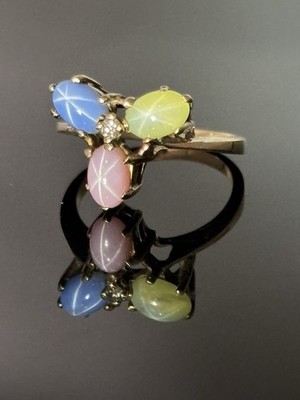 Vtg 10k Yellow Gold Multi Color Star Sapphire Cluster Ring Easter Eggs Dia sz 5