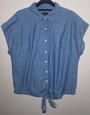Talbots Denim Tie Front Shirt Short Cap Sleeve Button Up Cotton Plus X (0X)