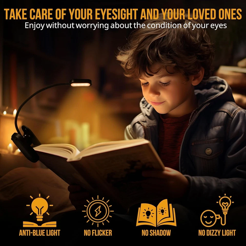 Luz de libro con luz azul que bloquea luces de cama con clip de lámpara LED ámbar en libro  Foto 2 de 4