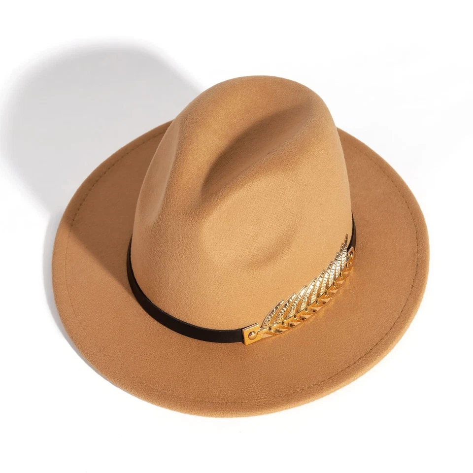 Женская широкополая шляпа-федора панама с металлической пряжкой ремня средний верблюд-1 - Изображение 2 из 4