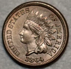 Uncirculated 1864 Copper-Nickel Indian Head Cent, Razor-Sharp specimen.