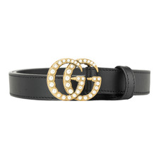Authentic GUCCI Black 476342 Pearl Double G Buckle Belt Made in Italy