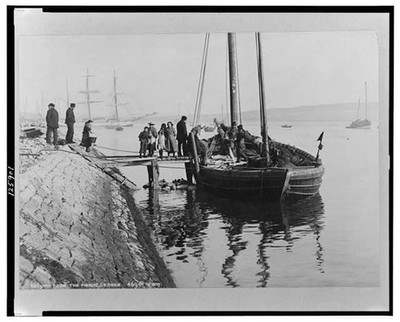 Return from the fishing,Lerwick,Scotland,people on boat,pier,levee,c1920?