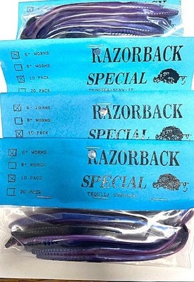 6 PACKS OF 10 6IN RAZORBACK SPECIAL TEQUILA SURISE WORMS!  GREAT LURE! FREE SHIP