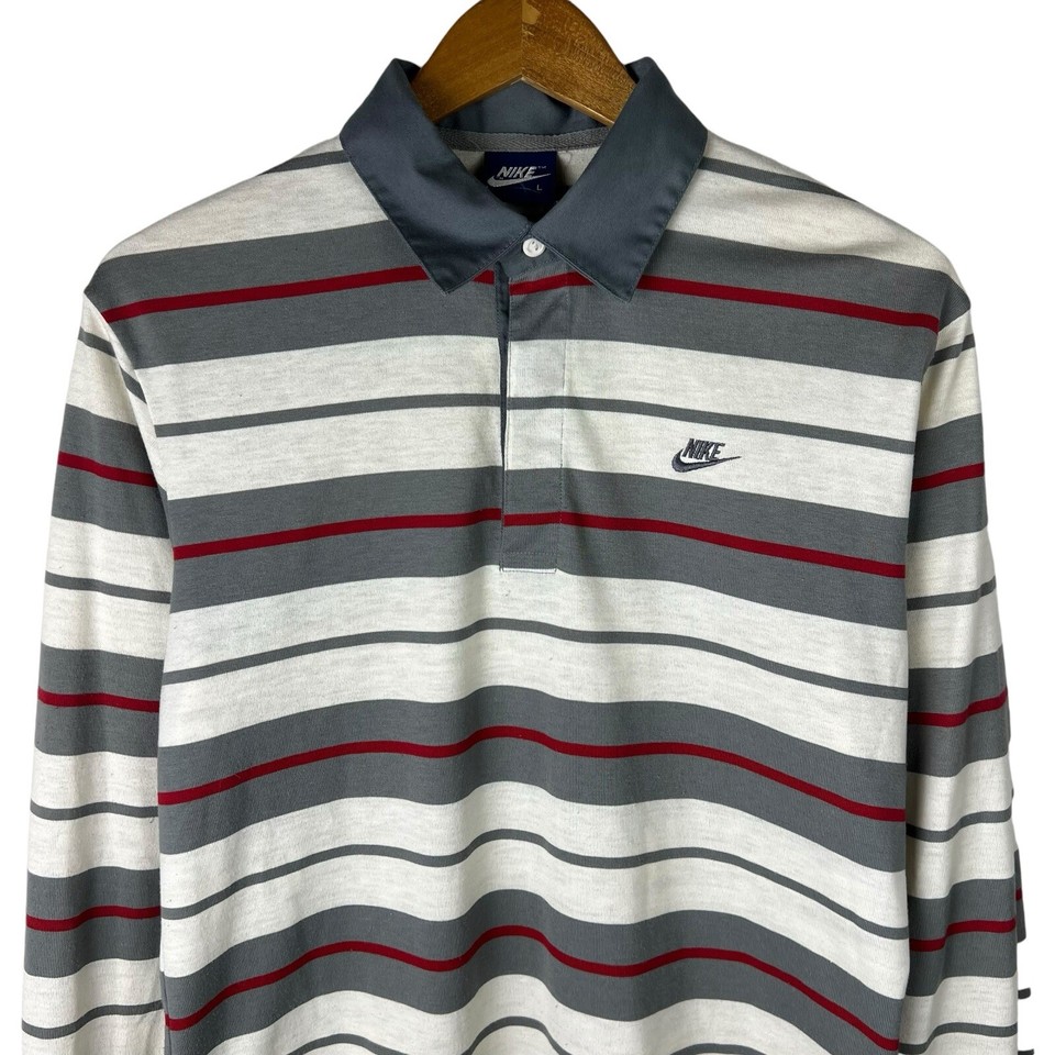 Vintage 80s Nike Mens Sz L Rugby Polo Shirt Blue Tag Striped Pinwheel