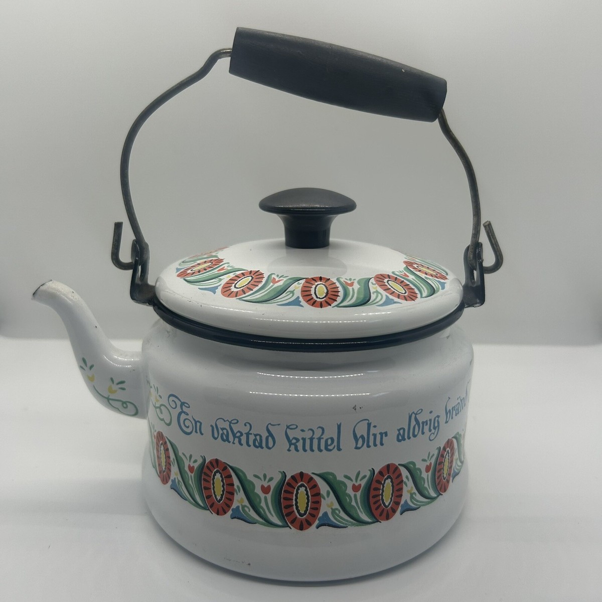 VTG Enamel Teapot Kettle Swedish Folk Art Enamelware Collectible Lovely