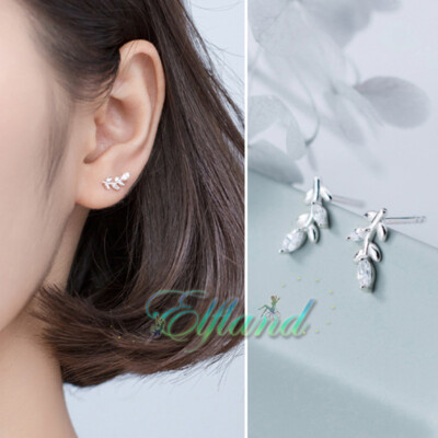 925 Sterling Silber * Ohrschmuck Ohrringe Ohrstecker * Ast Blatt Blätter Zirkon