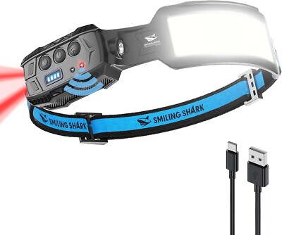 Smiling Shark Stirnlampe, Kopflampe LED wiederaufladbar 6 Modi 7*weiße Lichter 270° L