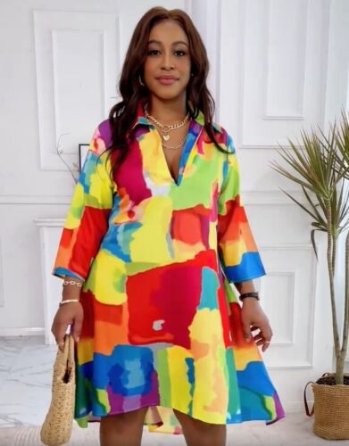 Plus Size Painting Color Print V Neck Midi Dress Women's Sz 4X-Large