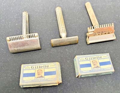 A VINTAGE SET OF THREE SAFETY RAZORS WITH TWO GILLETTE BOX BLADES c1960 good
