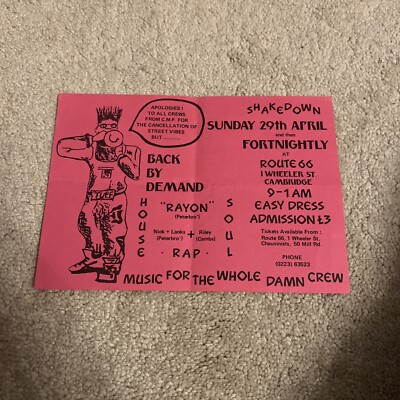 SHAKEDOWN back By Demand Route 66 Cambridge 1990 Rave Flyer A5