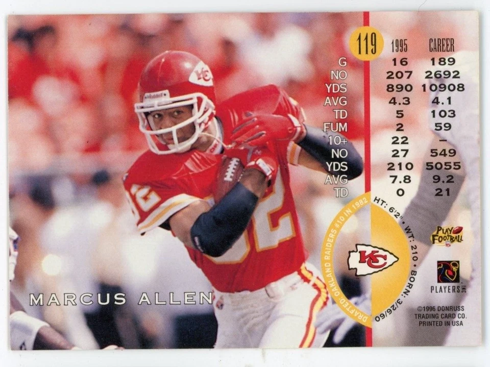 1996 Leaf Marcus Allen #119 HOF Football Card - Image 2 of 2
