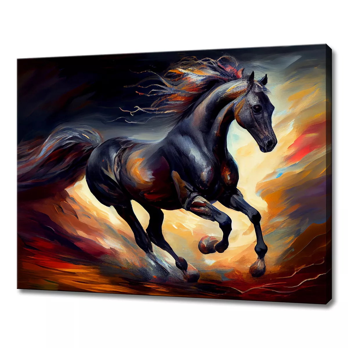 Galloping Black Horse Painting Style Canvas Print Wall Art Picture Home Decor