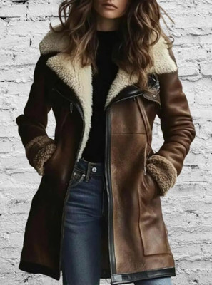 Women Brown Shearling Leather Coat, Real Leather Fur Collar Winter Jacket