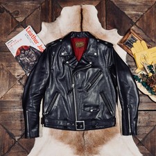 Mens Vintage Style Horsehide Leather Biker Jacket Veg-Tanned Diagonal Zipper