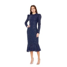 Mac Duggal 10865 Midnight Sequin Long Sleeve Puff Shoulder Dress Size 14 398