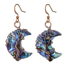Crescent Abalone Shell Crystal Tree Earrings Half Moon Handmade Wire Wrapped Dan