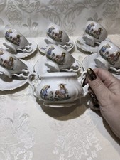 VINTAGE BAVARIA CHINA CHILD'S TEA CUPS  SAUCERS CHILDREN PLAYING