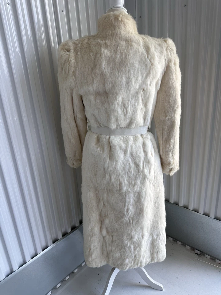 1970s/80s Vintage Genuine Fur White Rabbit Fur Trench Maxi Coat W/Belt Sz S - Image 4 of 4