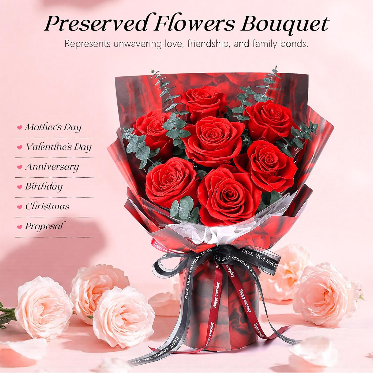 Eternal Roses Bouquet - 7 Red Preserved Roses in Gift Box for