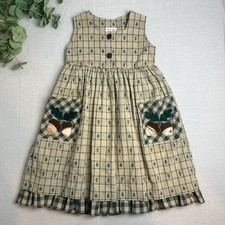 Vintage Rebecca Raggs Girls' Size 5 Pinafore Dress Acorn Leaves Embroidery Plaid
