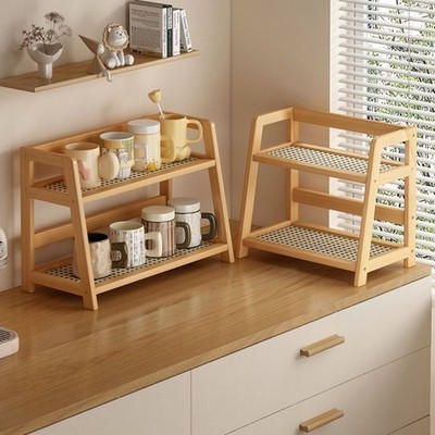 Wooden Rattan Storage Shelf   Countertop Organizer Rack for Kitchen, Makeup, Spi