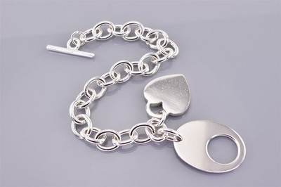 Sterlingsilber baumelndes Herz 9 mm massiv ovales Gliederarmband 925 34 g 7,5 Zoll