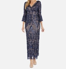 R M Richards Women's Blue Sequin Embellished Bell-Sleeve Gown Dress Size 16