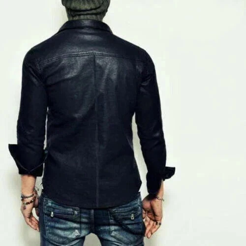 Men's Black Lambskin Leather Biker Shirt  Slim Fit Casual Style Genuine Lambskin - Image 3 of 4