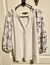 Women’s Adrienne Vittadini XL Button Blouse White w/Black Stitching Long Sleeve